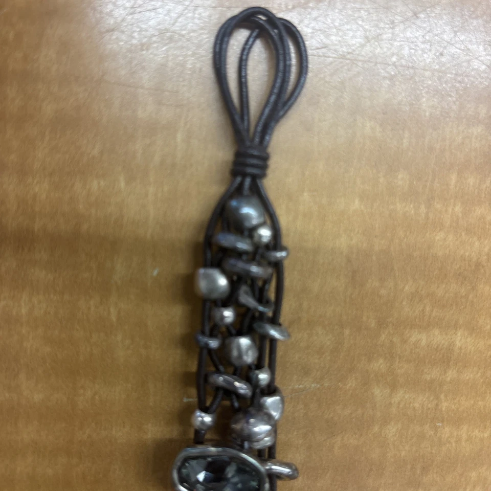 Brazalete de piedras preciosas de cuero marrón verde y rosa Uno De 50 7,5 pulgadas Foto 4 de 4