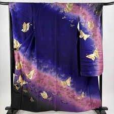JAPANESE KIMONO FURISODE BLUE PURPLE 160.5cm 5 ft 3 in PURE SILK FF11989
