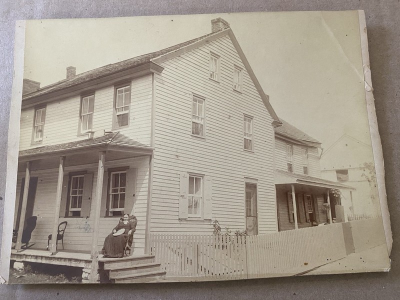 Cabinet Card Photo Victorian Era Woman on Porch Large Farmhouse Barn 1800s