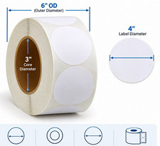 4" Circle Labels - Thermal Transfer, On Rolls, 3" Core, 6" OD 650 labels/roll 