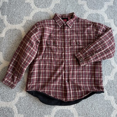 Arrow Men's XL Plaid Fleece Flannel Button-Up Shirt Burgundy Beige Black Lined 