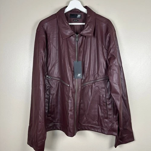 J.Ferrar Men's XL Jacket Burgundy Faux Leather Full Zip Moto Multi-Pocket NEW - product listing photo