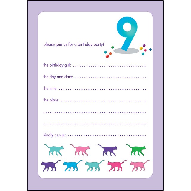 10 Childrens Birthday Party Invitations 9 Years Old Girl BPIF59 Cats