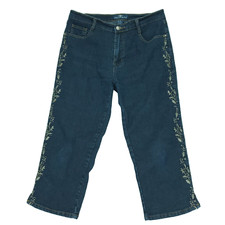 Jeanbay Jeans Womens 8 Blue Dark Wash Rhinestones Embroidered Leg Pockets Capri