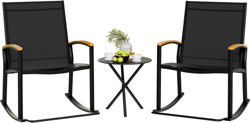 3 Piece Outdoor Rocking Bistro Set, Textilene Fabric Small Patio Furniture Set,