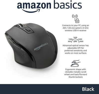 Amazon Basics Computer Mouse Wireless, Ergonomic, 2.4 GHz Optical, PC, Mac