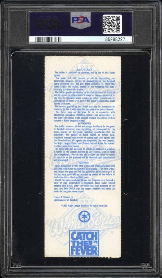 10/18/92 1992 World Series Game 2 MLB Ticket Stub PSA Deion Sanders WS Debut HOF - Image 2 of 2