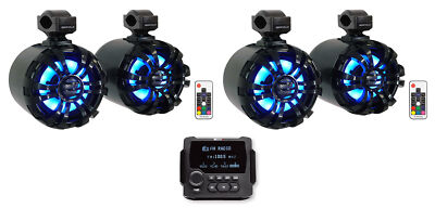MB Quart GMR-LCD Marine/Boat Bluetooth Receiver+4) Black 6.5'' LED Tower Speakers