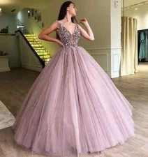 Pink Ball Gown Quinceanera Dresses Beaded Crystals Deep V Neck Puffy Sweet 15
