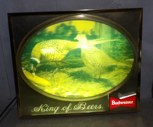 Vintage 1960s Budweiser Beer Lighted Bubble Sign Pheasants Cock & Hen Birds 3-D