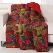 Throw Blanket Red Blue Floral Quilted Cotton Reversible Couch Bedding Cover
