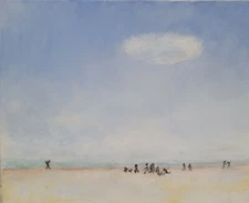 CHILDREN FLYING KITE on BEACH Impressionist Original OIL PAINTING Listed Artist