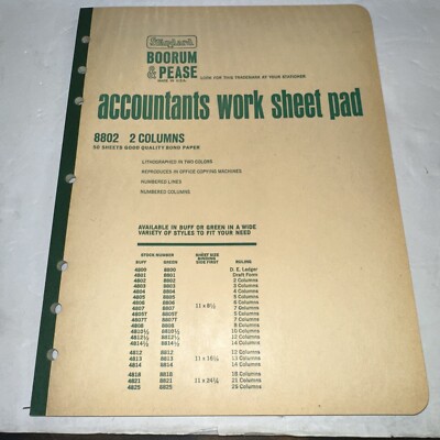 Vintage Boorum & Pease Accountants Work Sheet Pad 8802 2Columns - Full 50 Pages