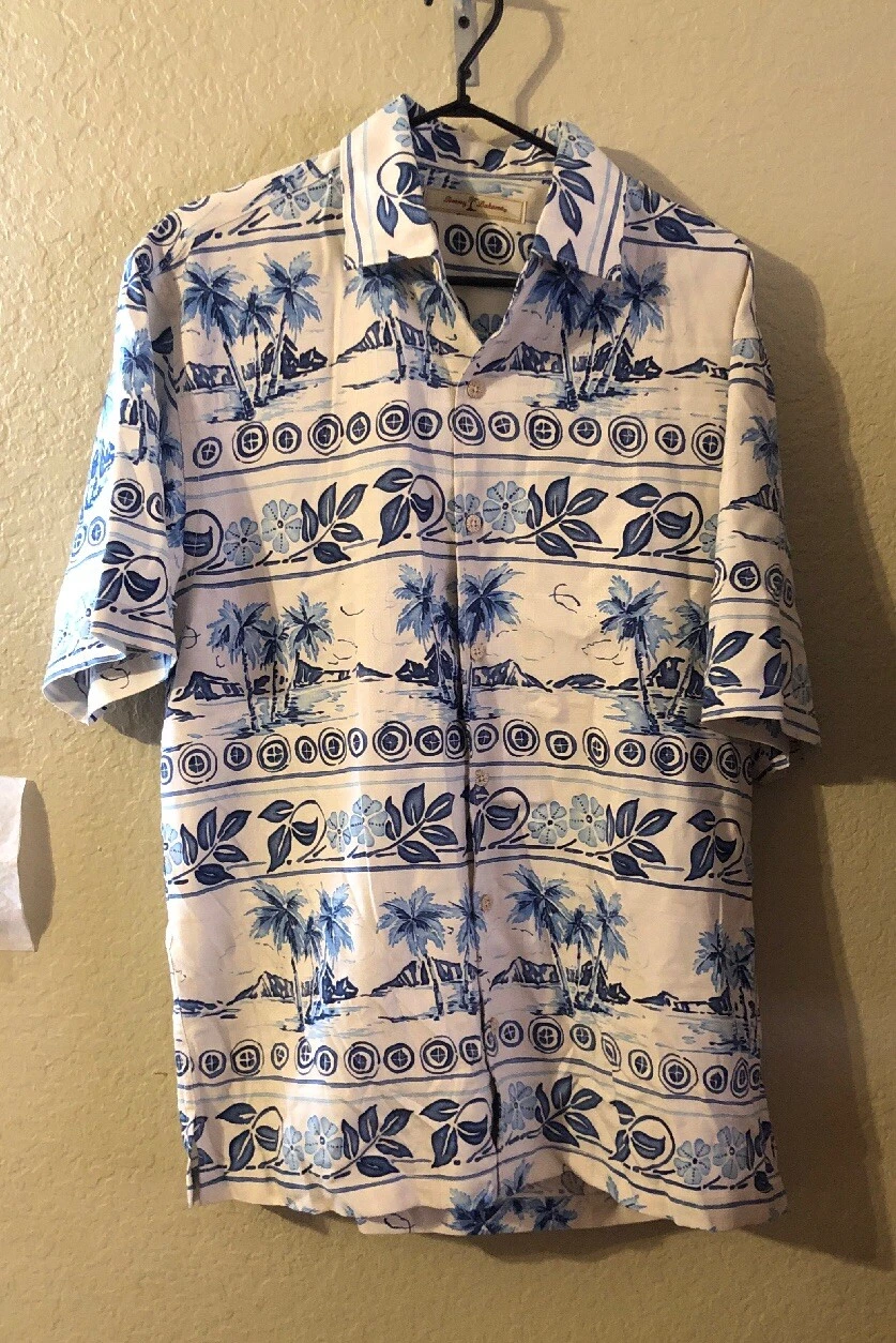Tommy Bahama Size M Blue Silk Hawaiian Shirt Short Sleeve White Palm Aloha