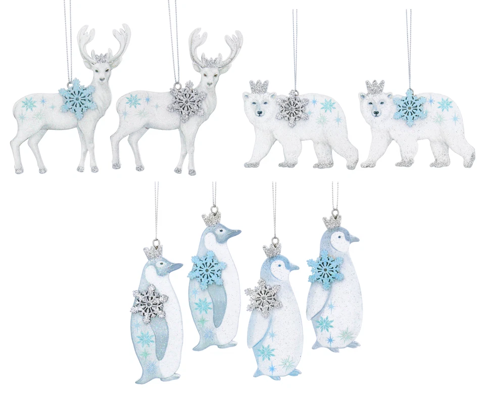 Gisela Graham Winter Animal Christmas Tree Decorations Snowflake Sparkle Wooden