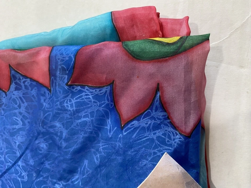 Bufanda de seda pintada a mano 34" X 34" bufanda de seda fina ligera azul rosa floral Foto 3 de 4