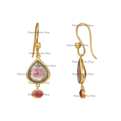 Watermelon Tourmaline & Ruby Gemstone Earrings 14k Yellow Gold Fine Jewelry - Picture 3 of 4