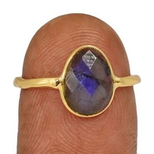 18k Gold Vermeil - Natural Labradorite - Madagascar 925 Silver Ring s.6 CR72827