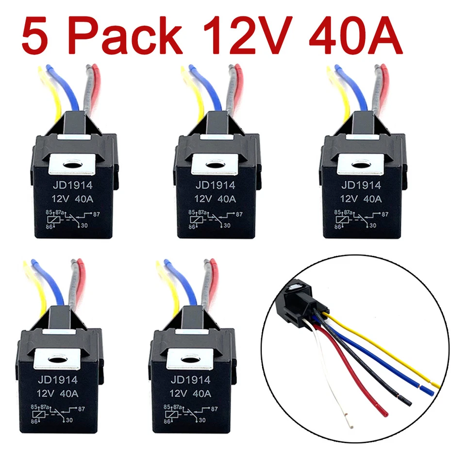 5 Pack 12V 30/40 Amp 5-Pin SPDT Automotive Relay with Wires & Harness Socket Set Foto 2 de 4