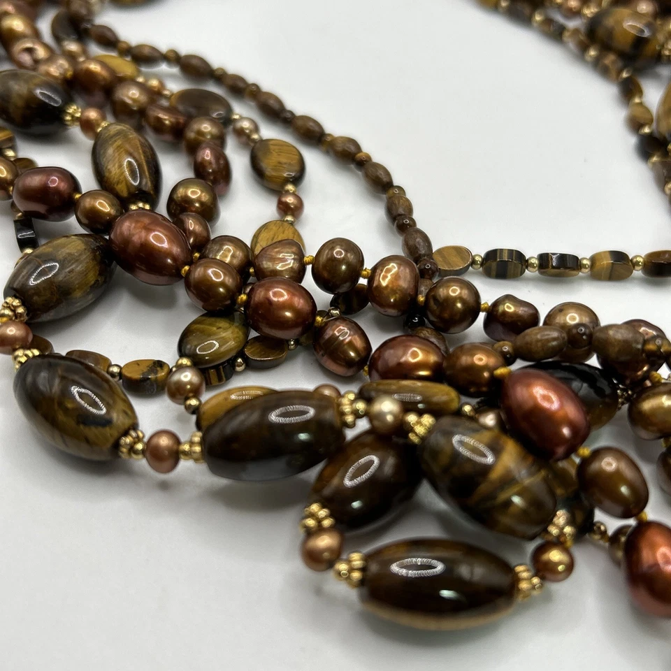 Coldwater Creek Brown Tigers Eye Pearl Beaded Multi Strand Necklace 22" Signed - Image 4 of 4