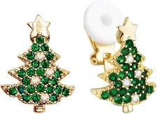 Green Christmas Tree Clip-On Earrings for Women, Gold Tone & Crystal US