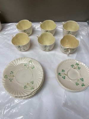 Belleek Harp Shamrock Tea Cups, Saucers & Plates Set of 6