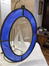 VTG STUDIO THICK COBALT BLUE  ETCHED CLEAR STAINED GLASS SAILBOAT LIGHTHOUSE S1
