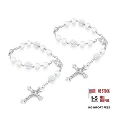 White Car Rose Rosary for Rearview Mirror - Cross Blessing - 2PCS