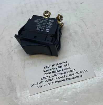 KEDU Momentary ON / OFF DPST Rocker Switch 20A 2hp - 4 Screw Connect - Black Switch