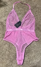Frederick's of Hollywood Lace Plunge Halter Teddy Sz Small Pink Rose V Neck 36