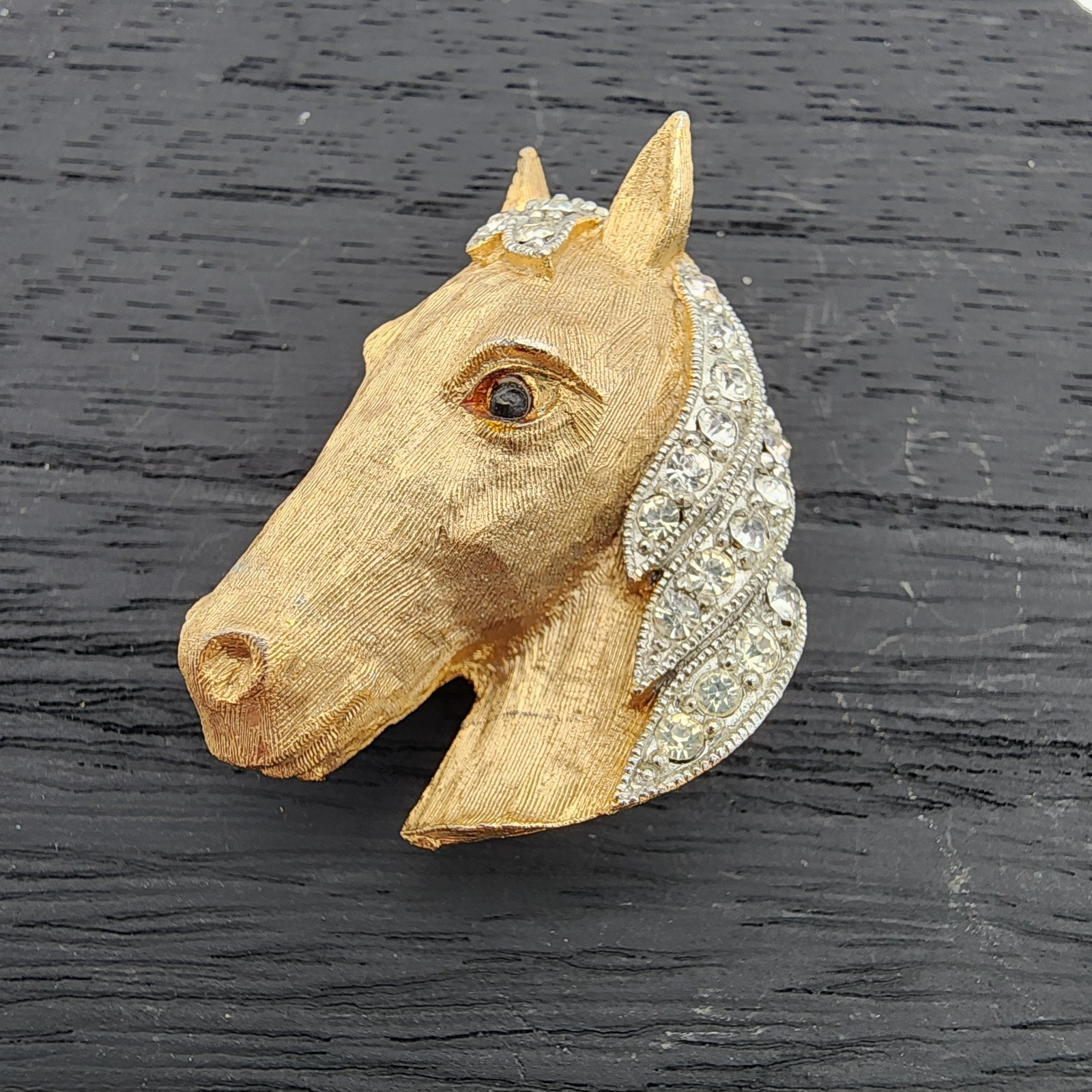 VTG Signed JJ Jonette Jewelry Horse Head Stallion Brooch Gold Tone Rhinestone