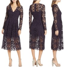 ASTR The Label Lace Midi Dress. Long Sleeve. Lined. Zipper. Womens. Navy. Sz M