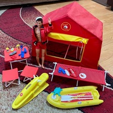 BAYWATCH BARBIE KEN DOLL PLAYSET LIFEGUARD RESCUE STATION HUT TENT JETSKI DINGY