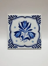 Vintage Blue & White Floral Glazed Porcelain Trivet, Tile, 5.25" Square, Signed
