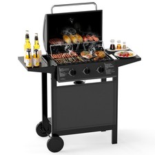 3 Burner Propane Gas Grill 24000 BTU Portable with Side Tables Black