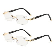 2 PK Mens Rimless Reading Glasses Anti Blue Light Blocking Brass Frame Readers