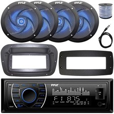 Pyle Single-DIN Marine Stereo W/Install Kit  Adapter Plate, 4x 4" LED Speakers