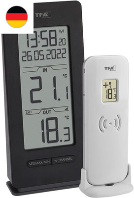 TFA Dostmann Funk Thermometer Innen/Außen, 30.3072.01.90, Inkl Funkuhr Und Datum