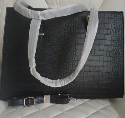 Black Crocodile Pattern  Premium Faux Leather Bag Detachable Strap Black 