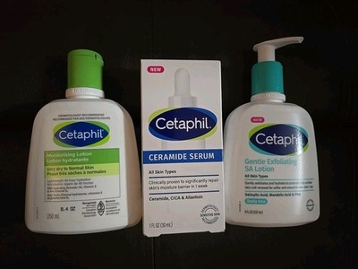 3 Pc Lot Cetaphil Moisturizing Lotion/Ceramide Serum/Exfoliate SA Lotion (BB17)