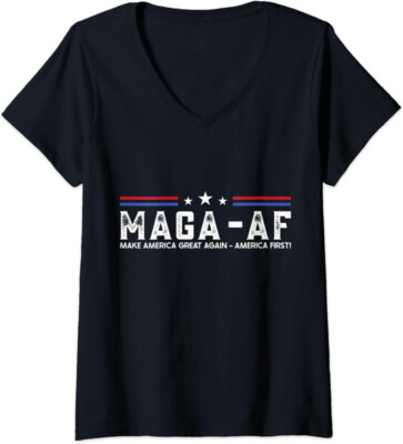 MAGA - AF Trump America First Proud American Quote Ladies' V-Neck Tshirt