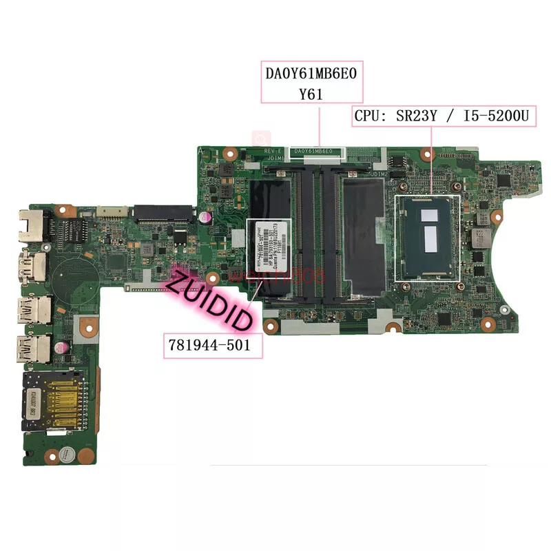 For HP Pavilion 13 A X360 Laptop Motherboard DA0Y61MB6E0 781944 001 I5 5200U CPU