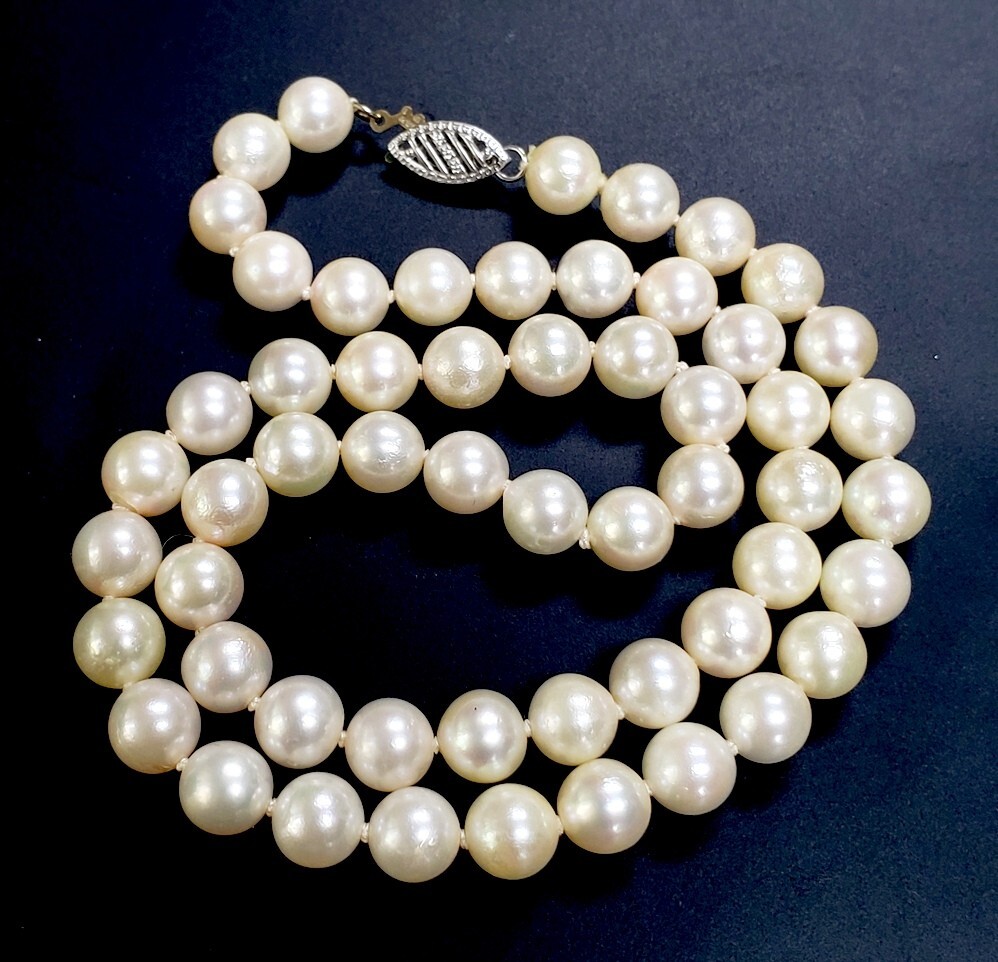 VINTAGE CULTURED 7 mm PEARL NECKLACE W/ 14K SOLID WHITE GOLD CLASP