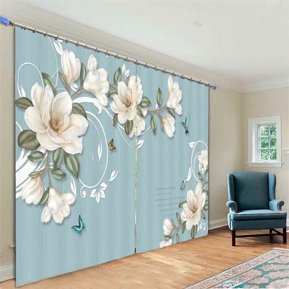 Tea Leaves White Petal 3D Curtain Blockout Photo Printing Curtains Drape Fabric