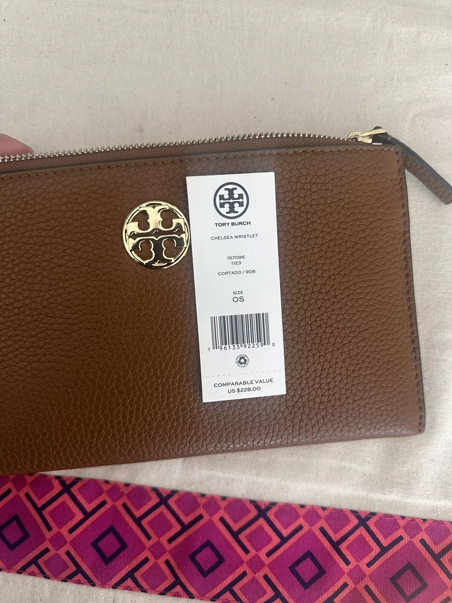 Tory Burch 157096 Chelsea Wristlet Cortado Brown Pebble Leather Wallet Clutch