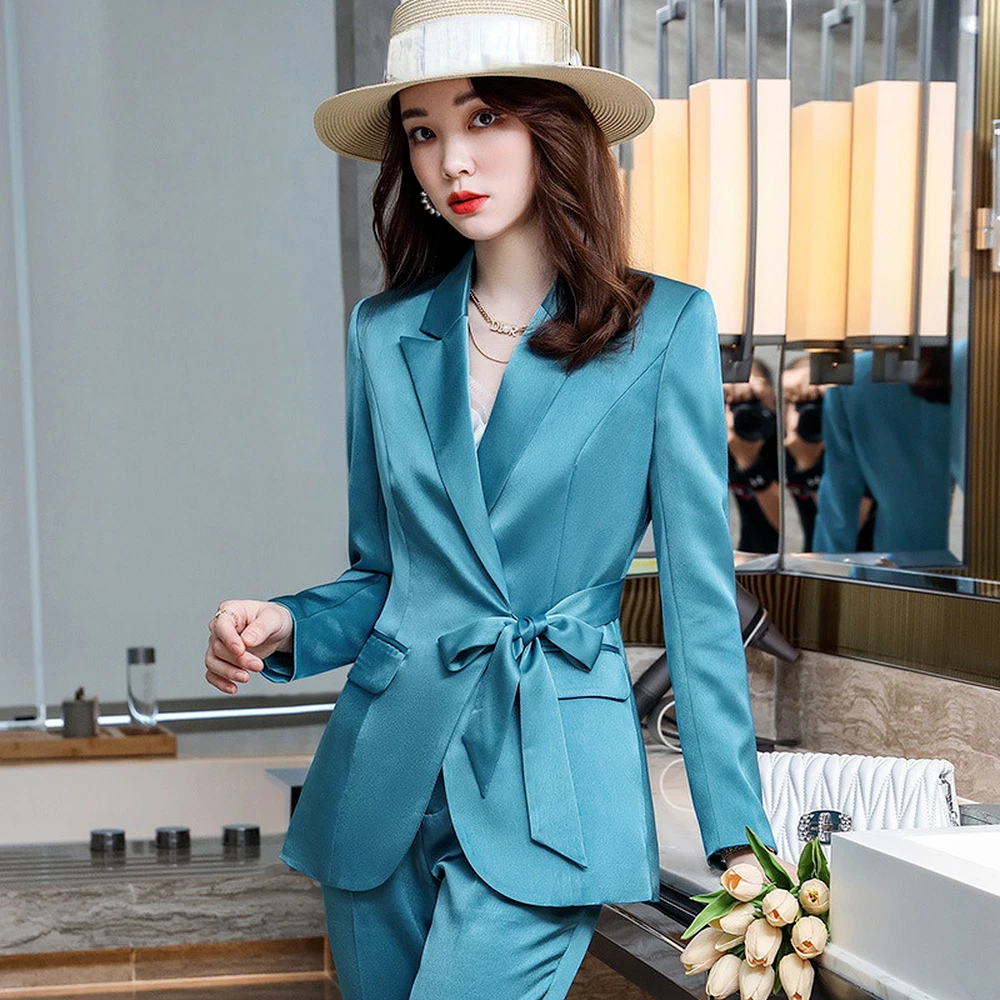 Lady Satin Faux Silk Suit Blazer Jacket Peplum Top Pants Set Business Formal SZ