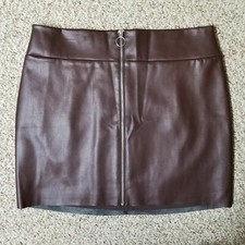 NWT EXPRESS 18 WOMEN'S VEGAN LEATHER O-RING ZIP FRONT MINI SKIRT BROWN 59