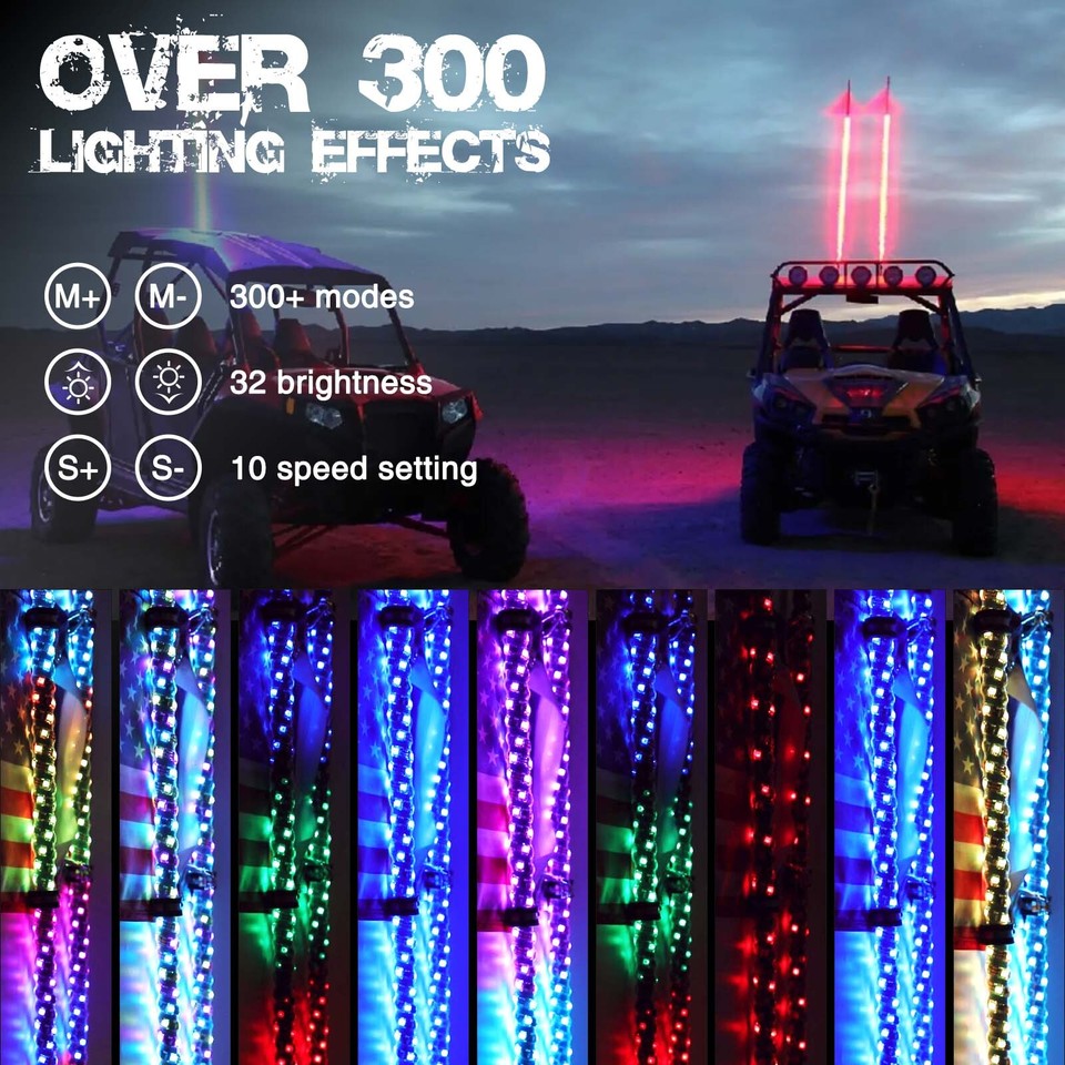 Pair Of 3FT Spiral LED Whip Lights – RGB Bluetooth App Control For UTV, ATV, Jeep
