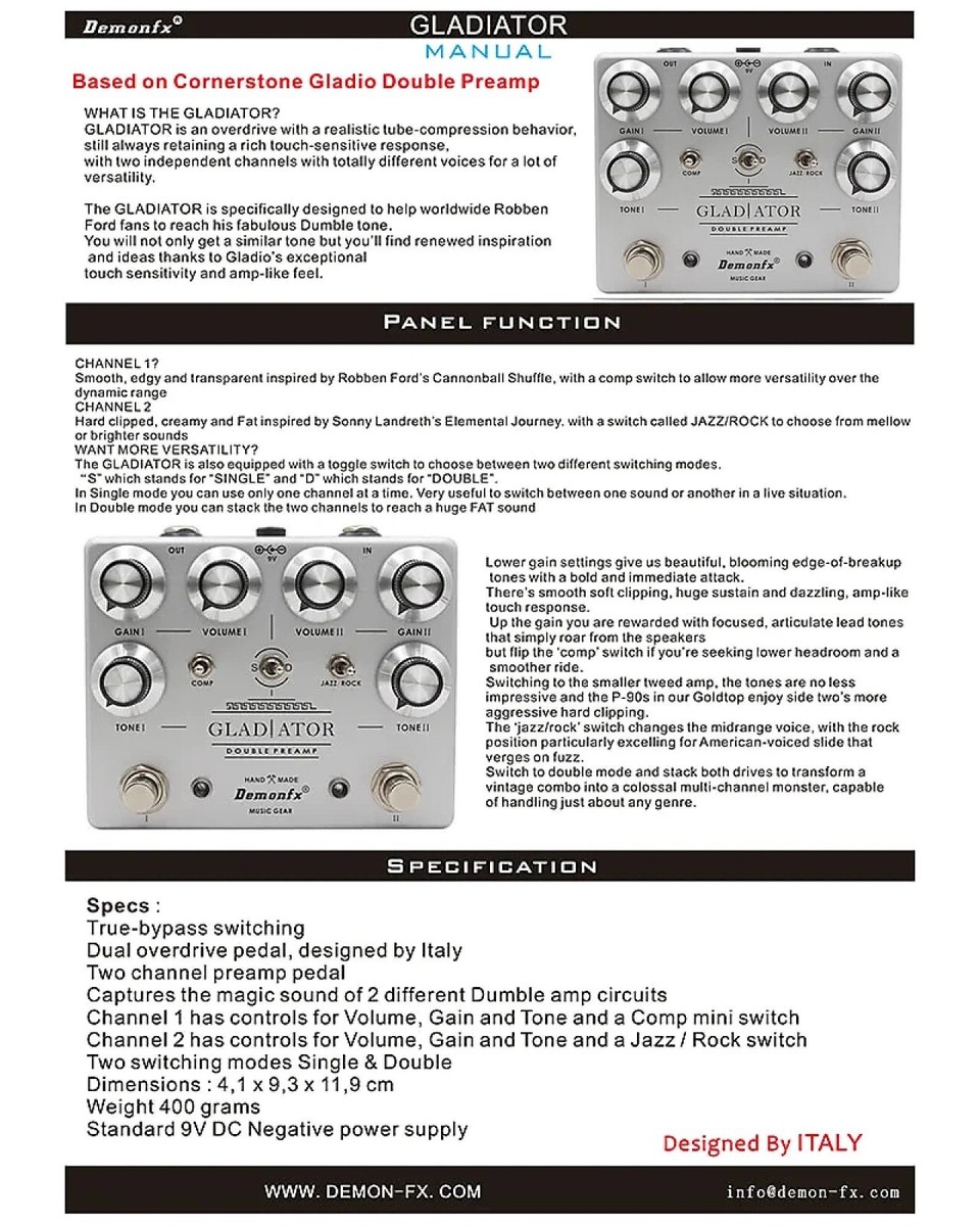 Demonfx GLADIATOR Guitar Effect Pedal DOUBLE PREAMP Double