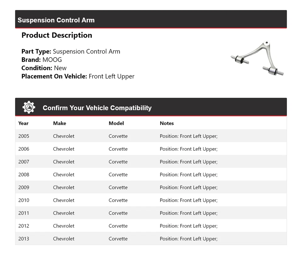 Brazo de control de suspensión delantero izquierdo superior MOOG para Chevrolet Corvette 2005-2013 Foto 2 de 4